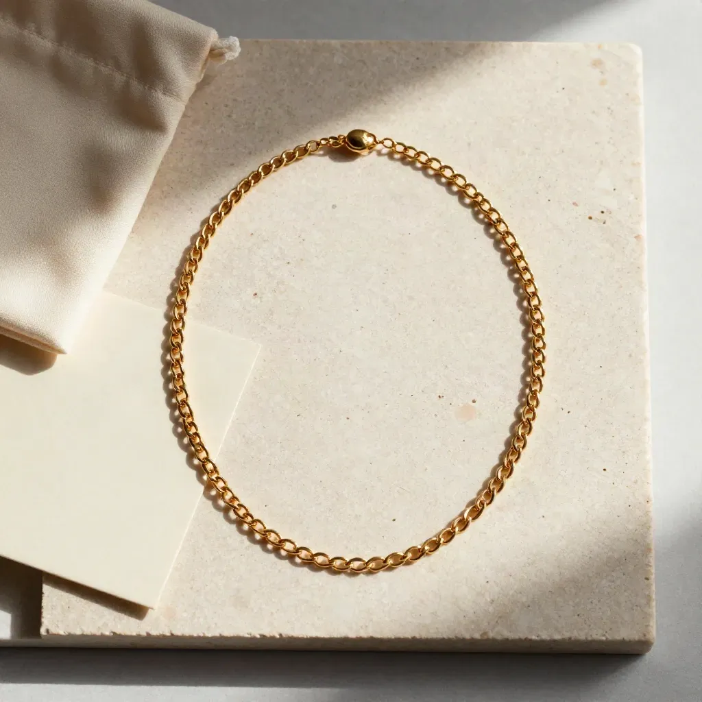 Goldkette aus 585 Gold als ovale Schleife auf hellem Stein mit zarter Schattierung