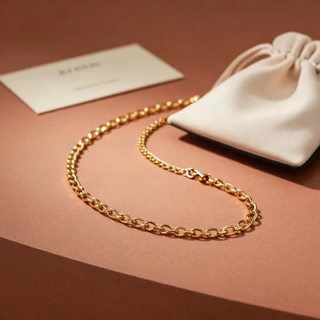Goldkette in S-Kurve auf terrakottafarbenem Sockel mit schwarzem Akzent, weich beleuchtet.
